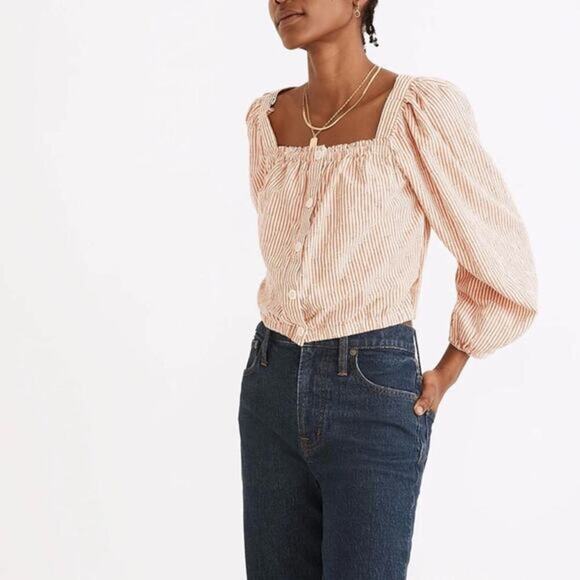 Madewell Tops - Madewell Orange Puff Sleeve Button Front Crop Top in Embroidered Stripe